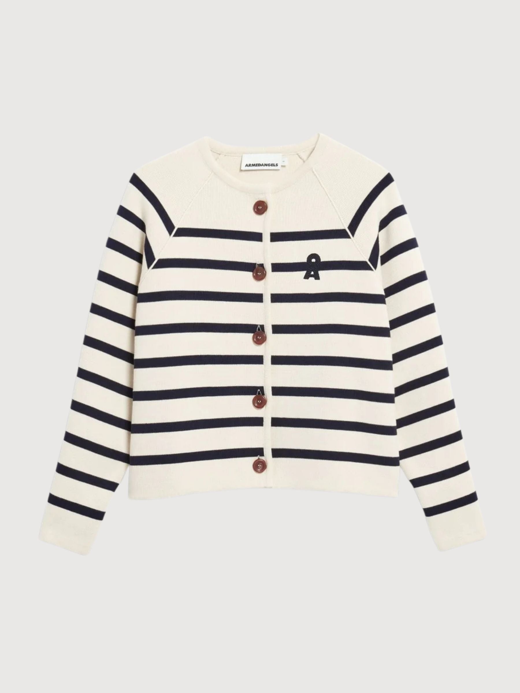 Cardigan lavorato a maglia con righe piazzate color latte d'avena | Armedangels