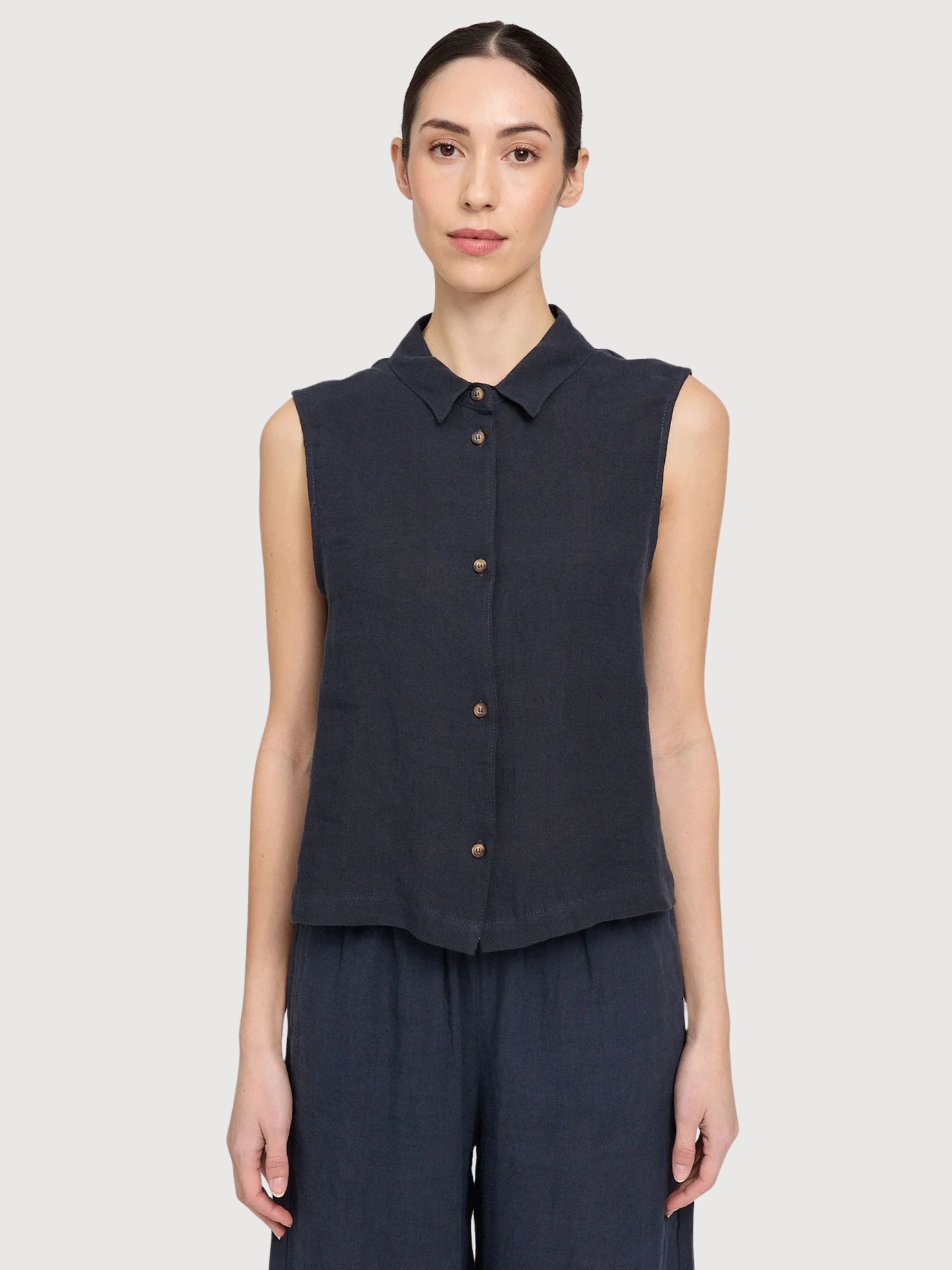 Ärmelloses Leinenhemd für Damen, tintenblau | Mazine