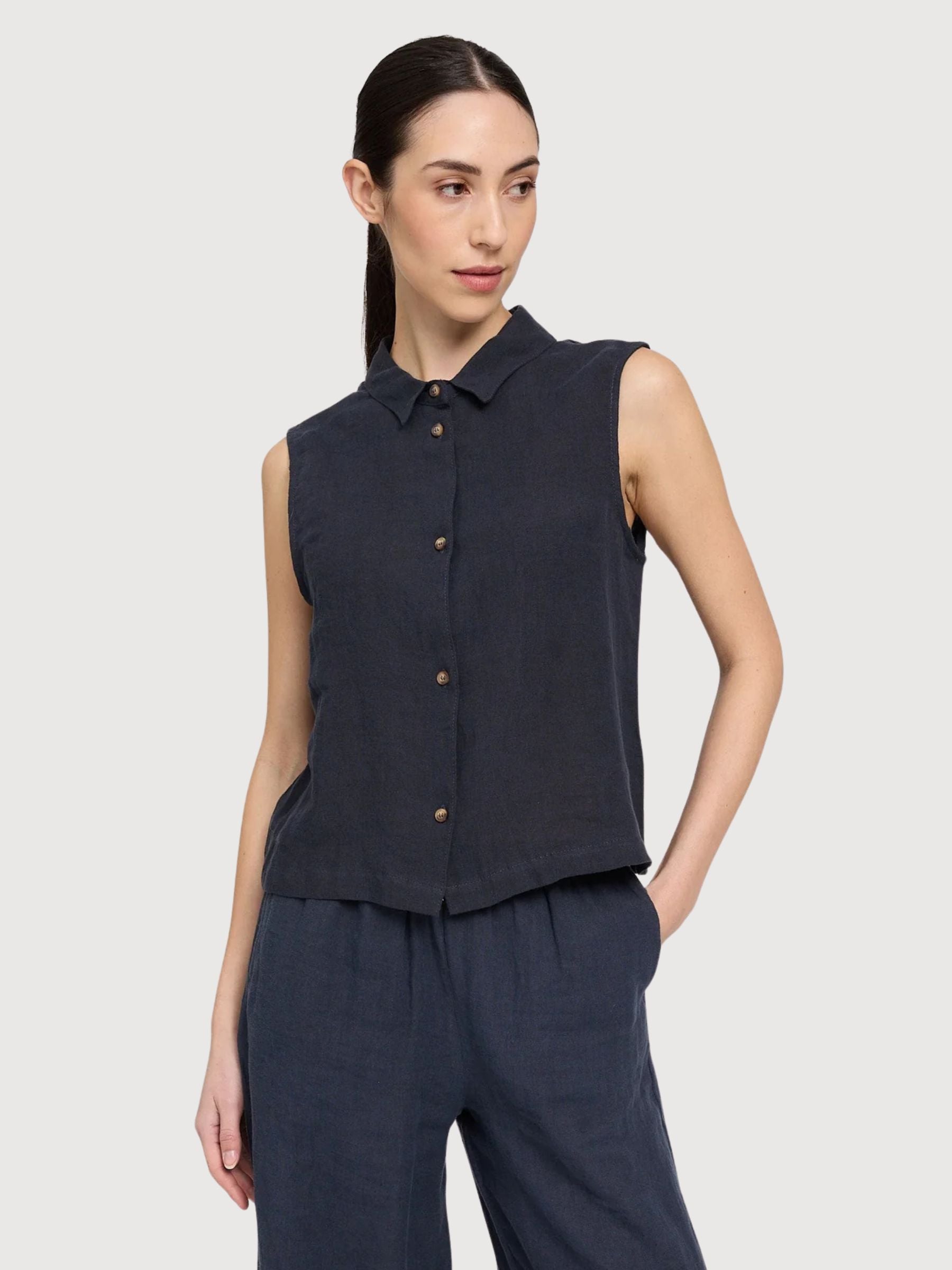 Ärmelloses Leinenhemd für Damen, tintenblau | Mazine