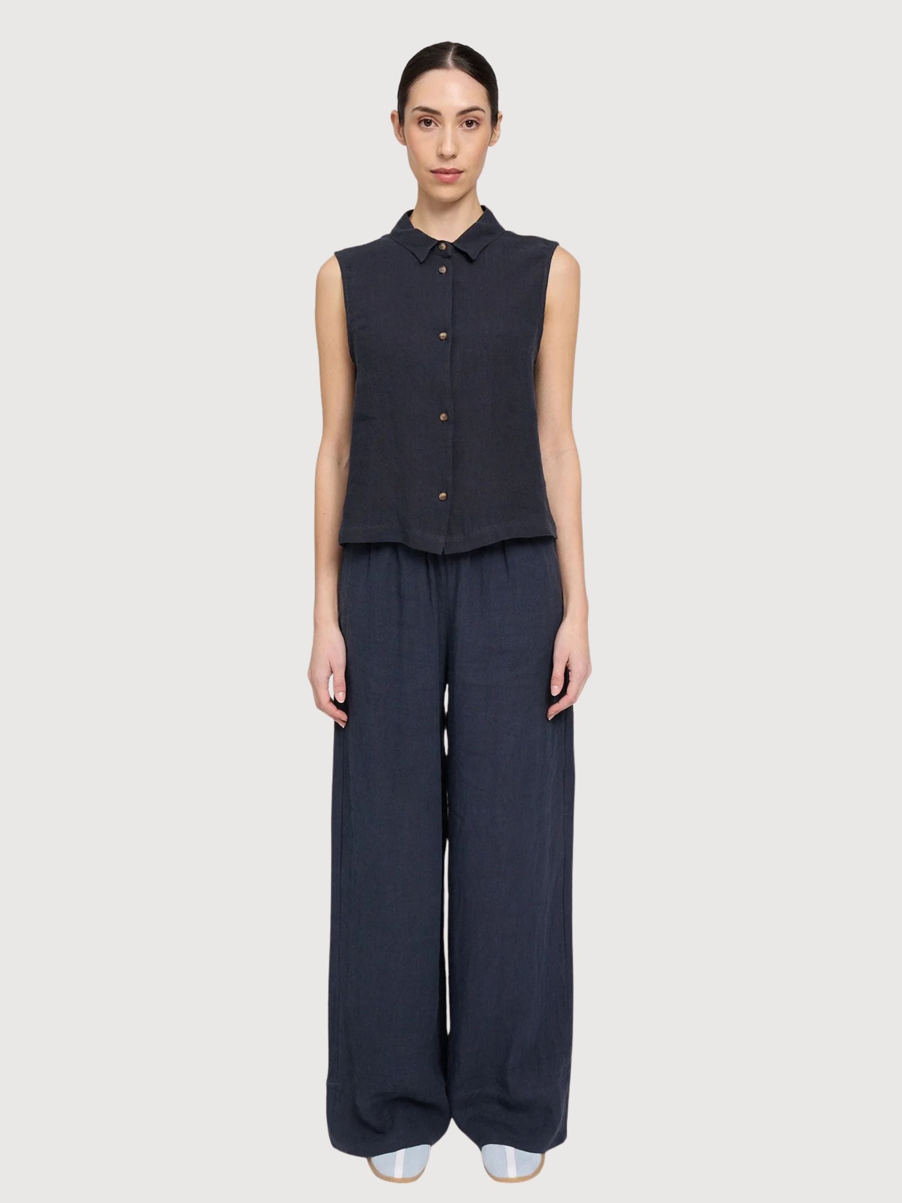 Ärmelloses Leinenhemd für Damen, tintenblau | Mazine