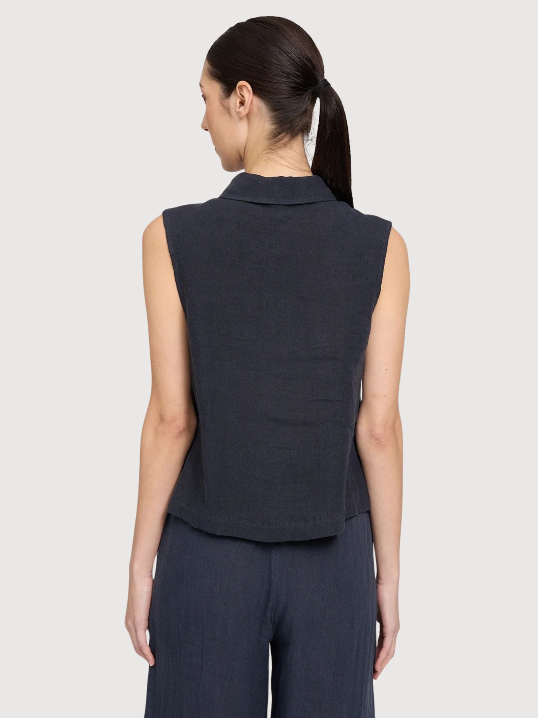 Ärmelloses Leinenhemd für Damen, tintenblau | Mazine