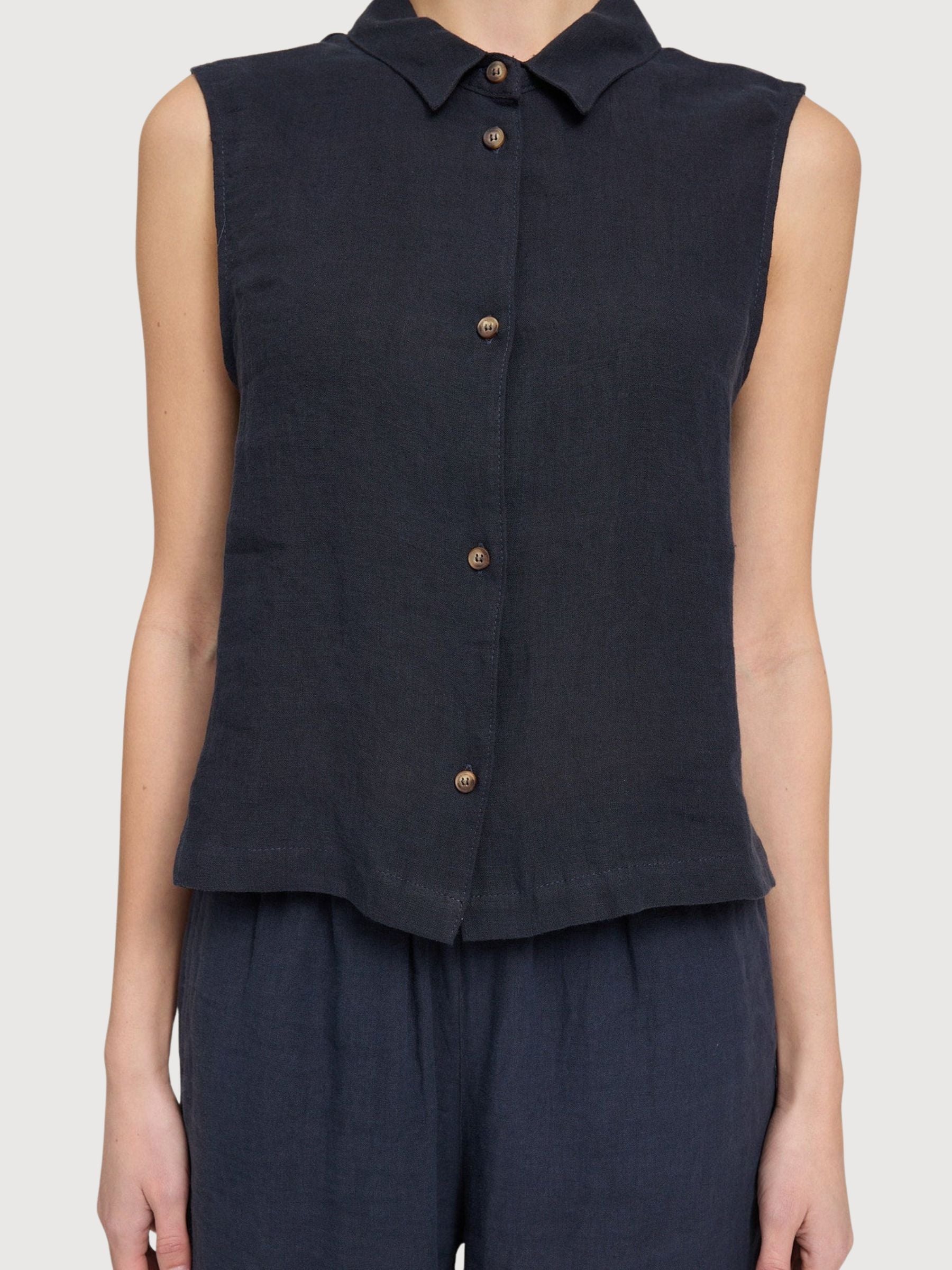Ärmelloses Leinenhemd für Damen, tintenblau | Mazine