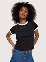 T-Shirt mit Kontrasteinfassung, Damen, Schwarz | MAZINE