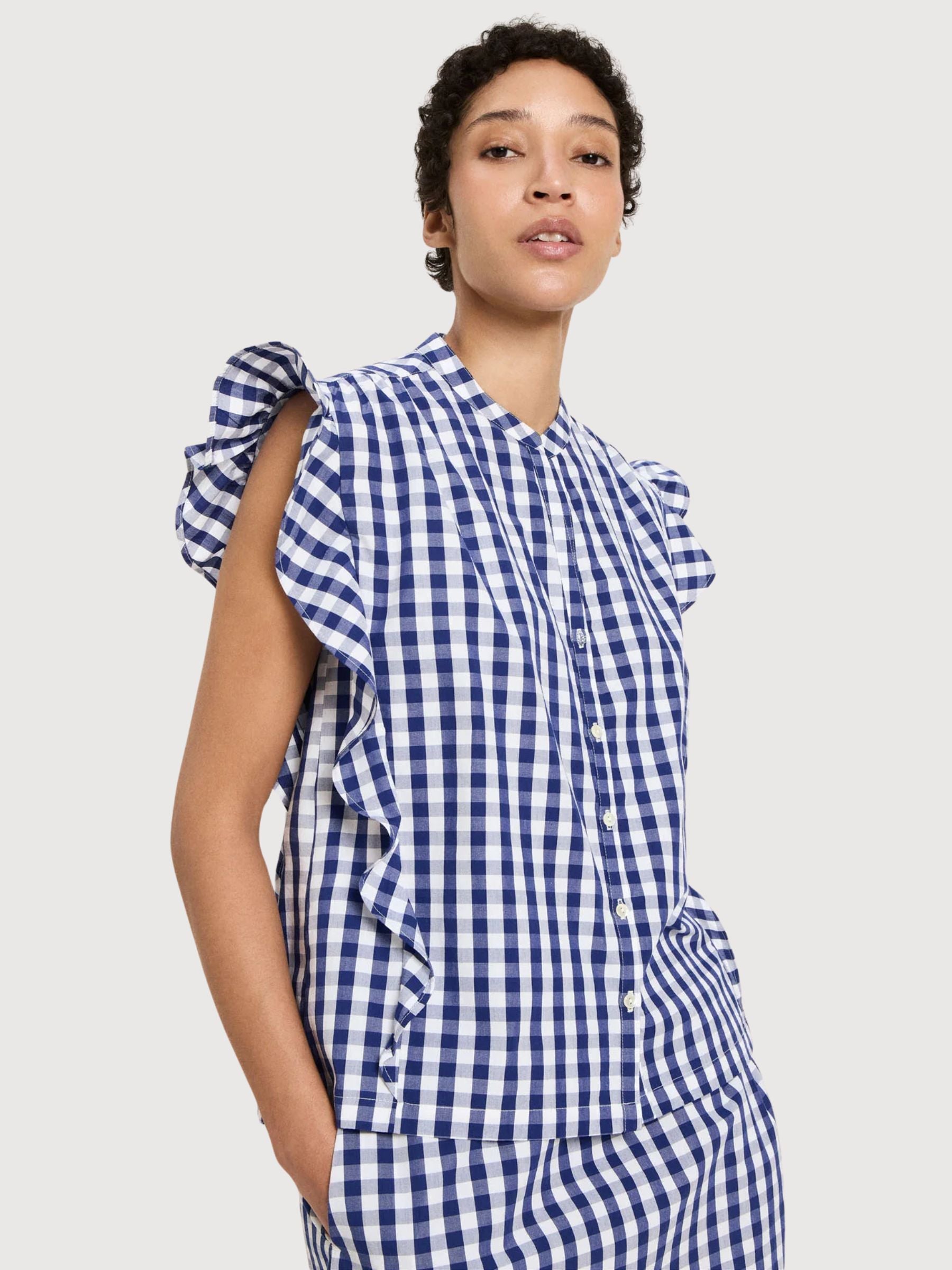 Bluse Vichykaro Blau/Weiß Baumwolle | Lanius