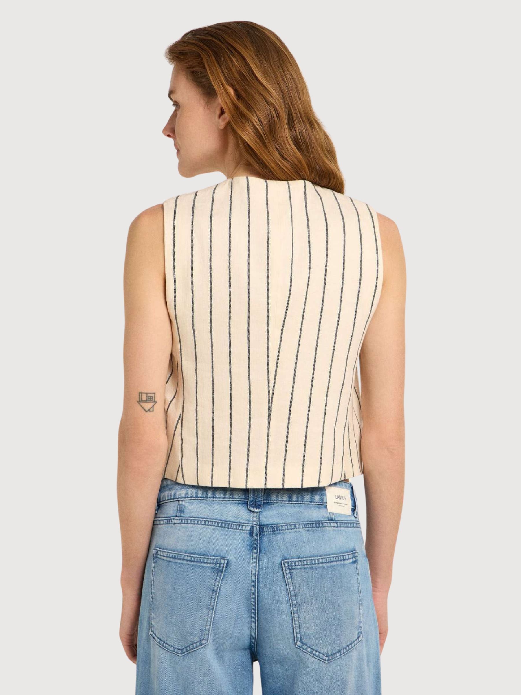 Gilet a Righe Creme/Nero in Lino | Lanius