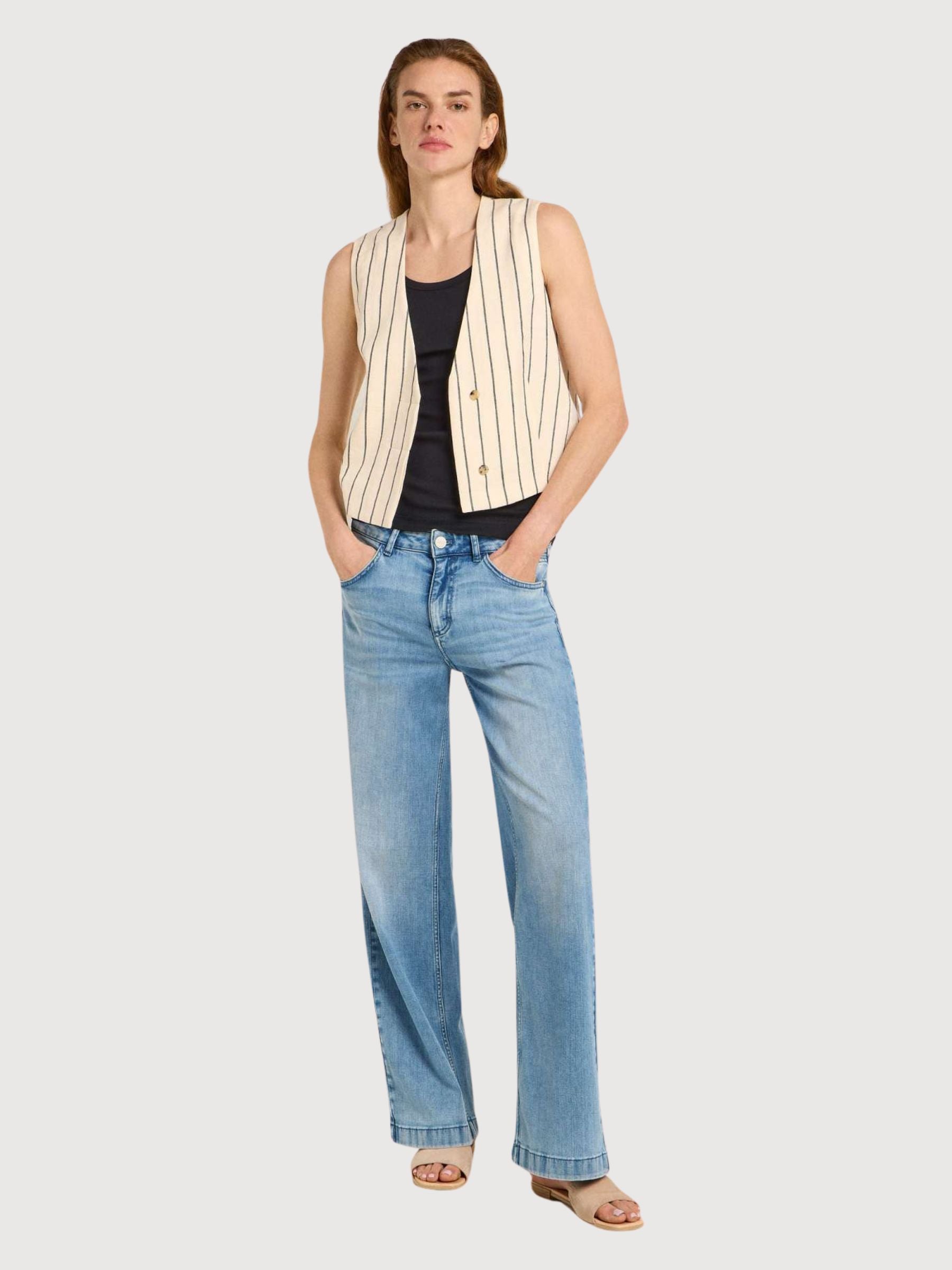 Gilet a Righe Creme/Nero in Lino | Lanius