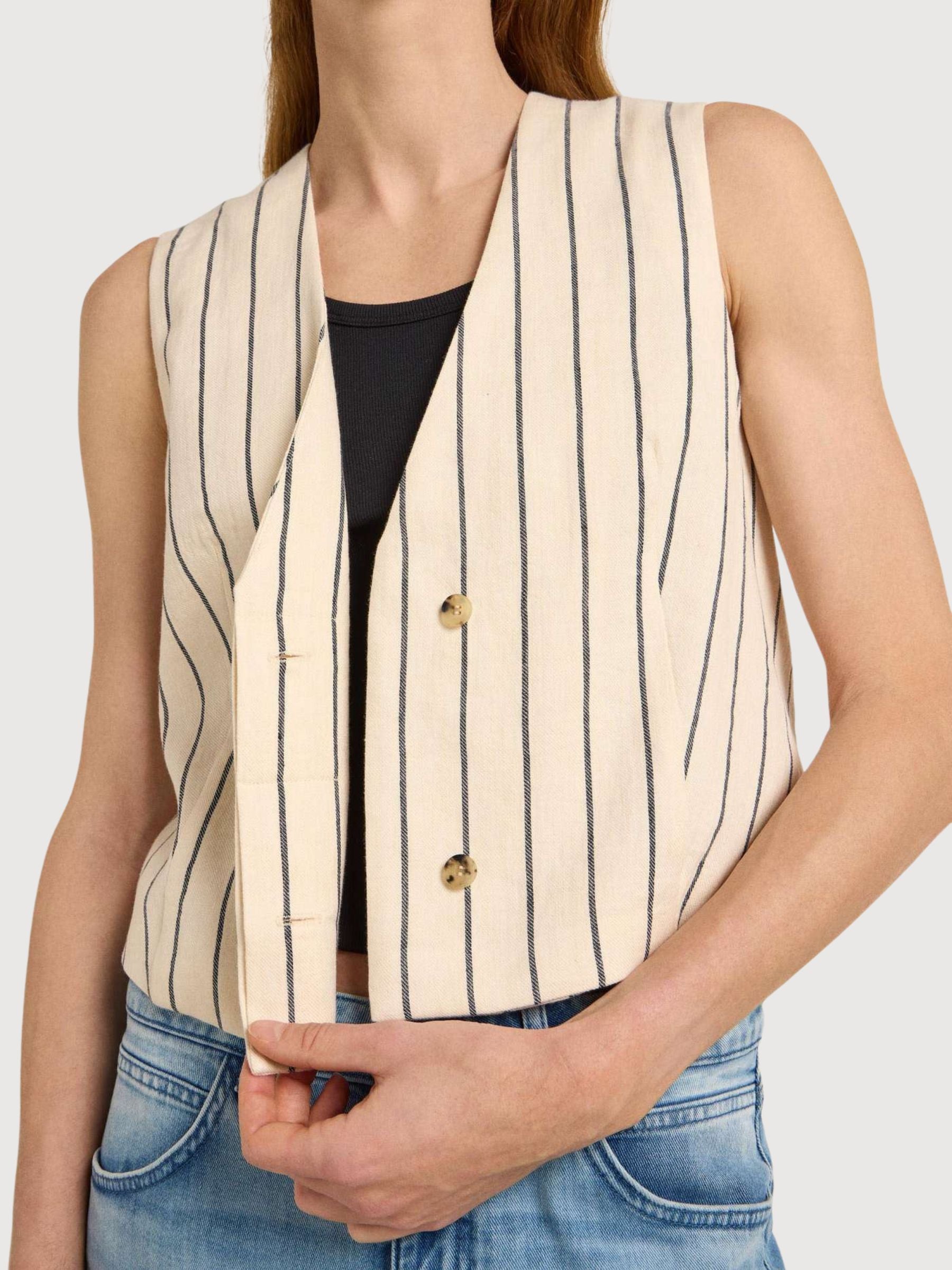 Gilet a Righe Creme/Nero in Lino | Lanius