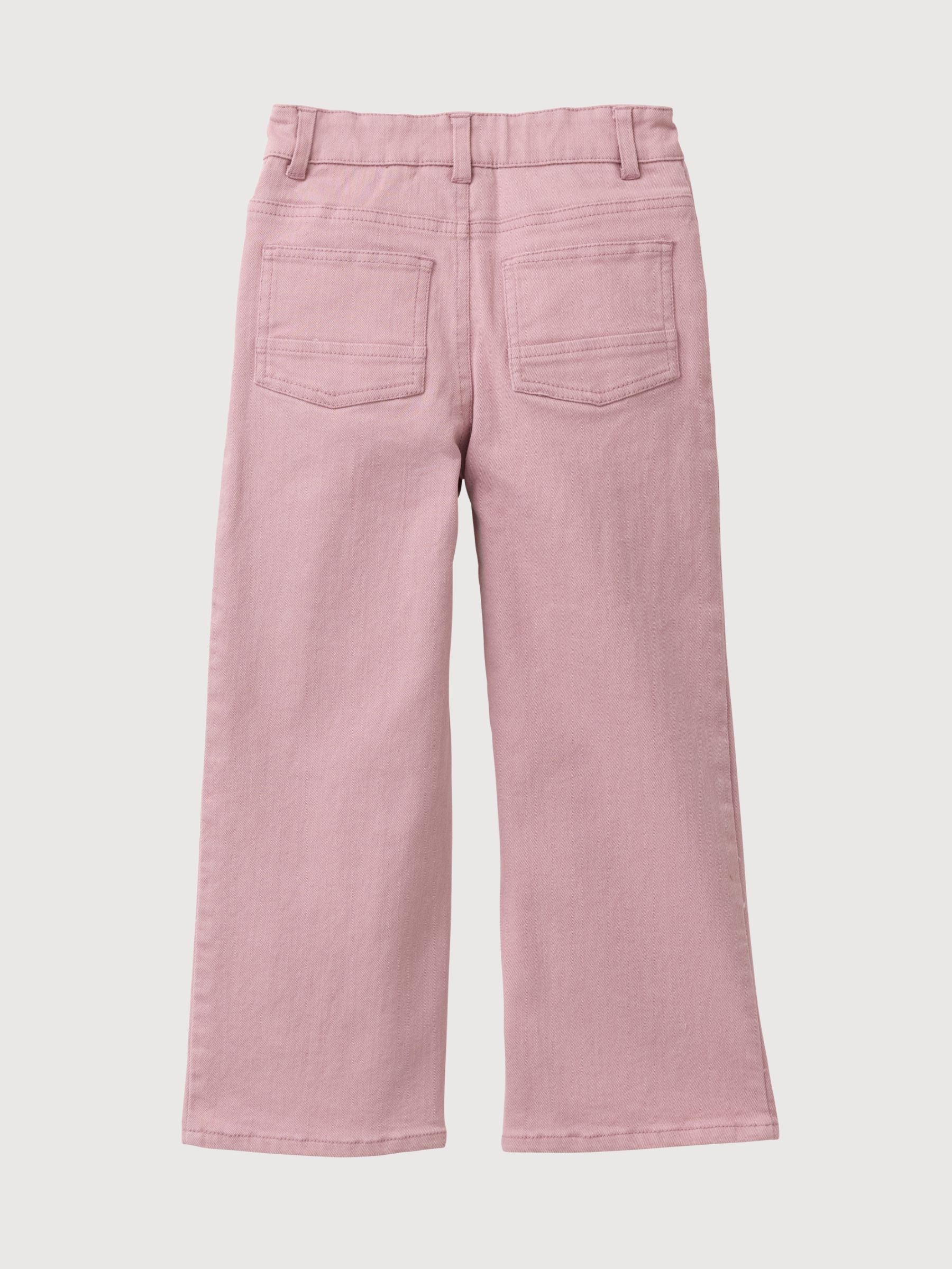 Back view of light pink kids' twill trousers with patch pockets, designed for comfort and style.