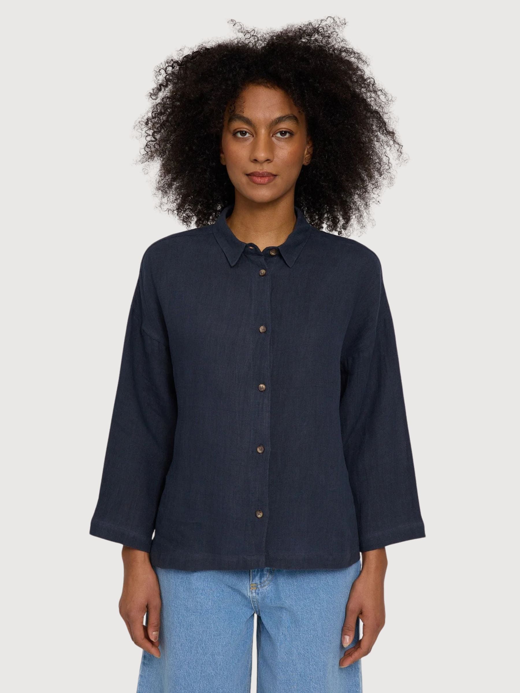 Hemd 3/4 Arm Leinen Damen Tintenblau | Mazine