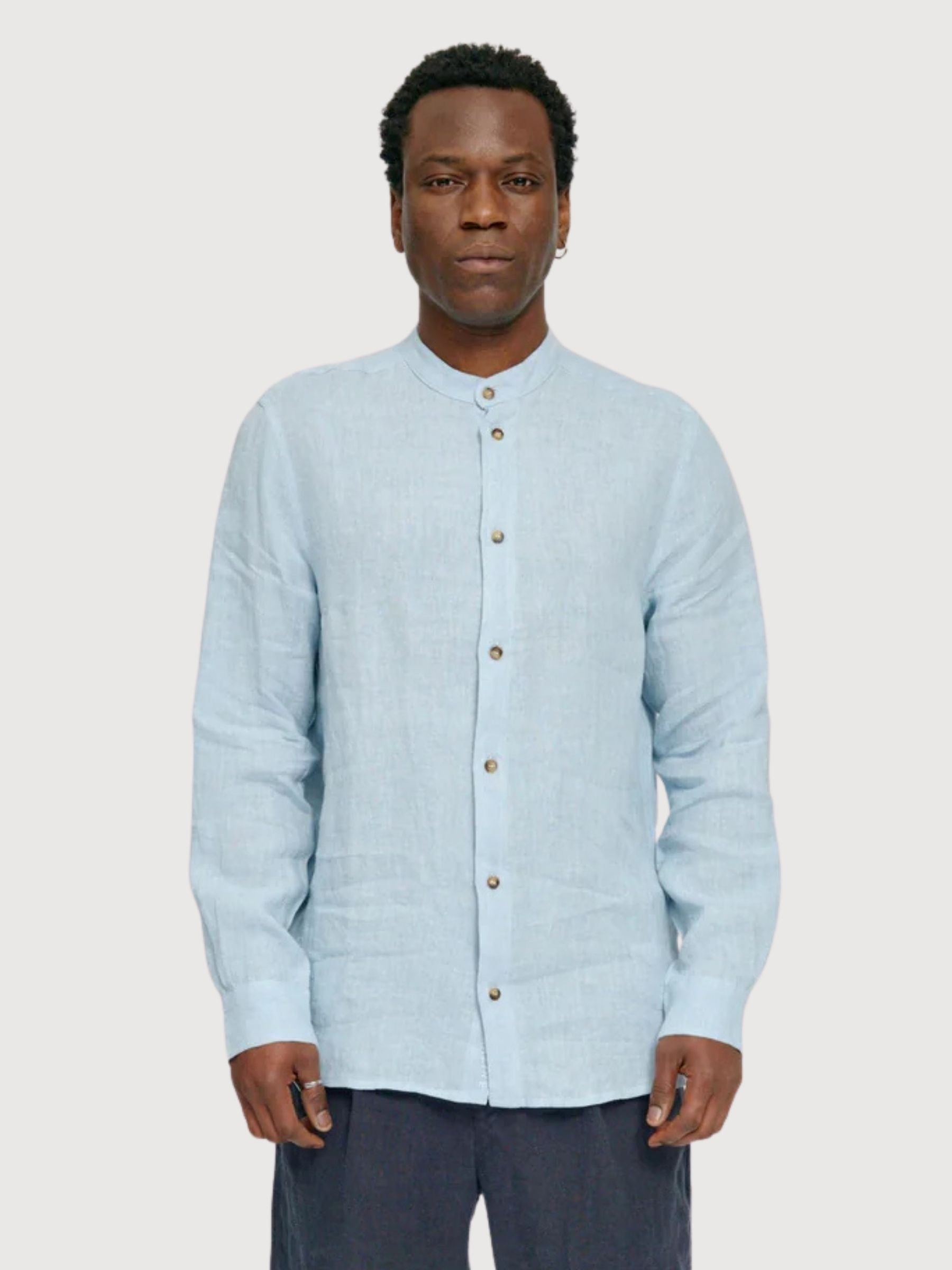 Shirt Stand Collar Linen Man Pastel Blue | Mazine