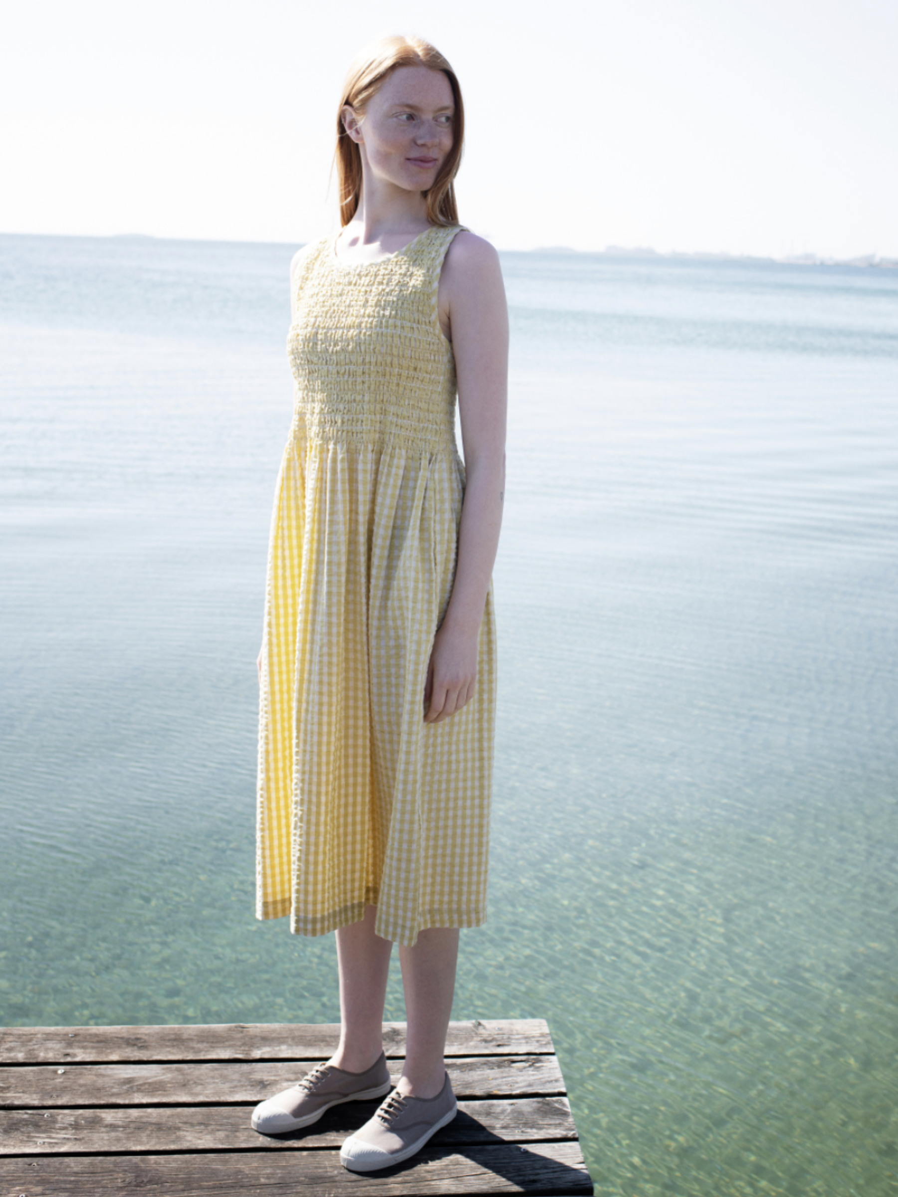 Abito a tunica da donna a quadri giallo limone in cotone biologico | SERENDIPITY