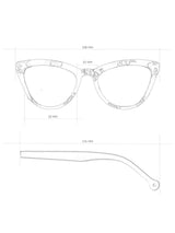 Dimensions of Colina Multicolor Unisex Sunglasses with stylish cat-eye design, showcasing glasses and arm measurements.