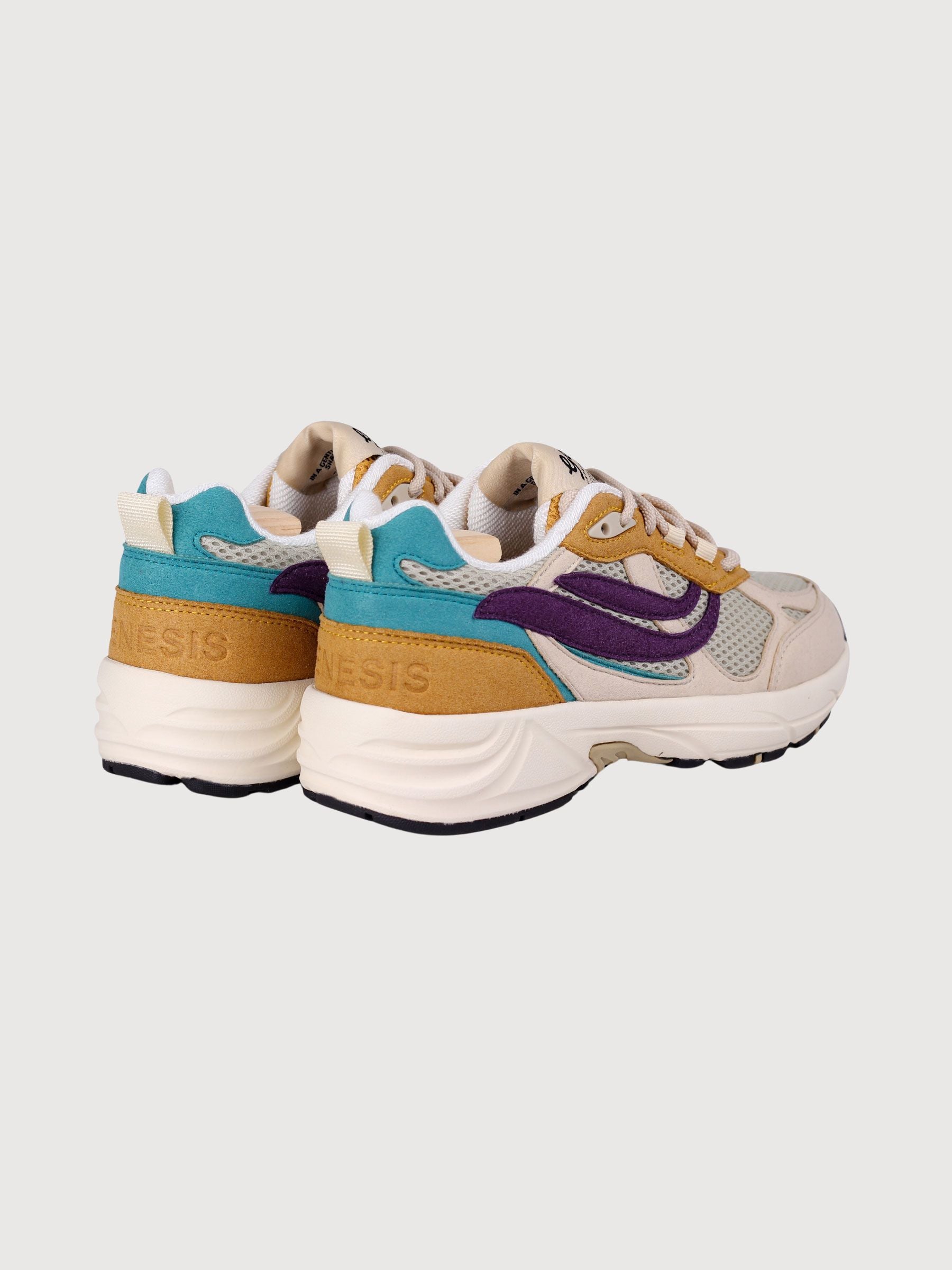 Men's G-Eco99 multicolor sneakers with bold sand, wheat, purple, and petrol design by Genesis.