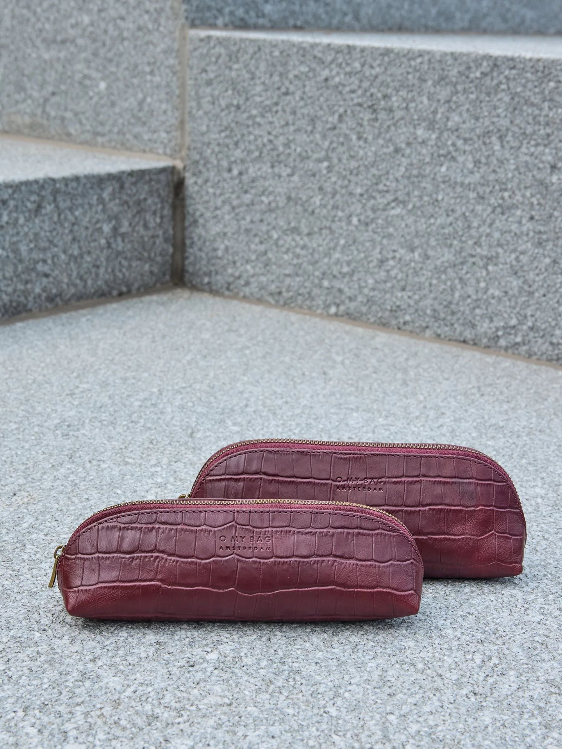 Pencil Case Large - Dark Cherry Croco Print Leather | O my Bag