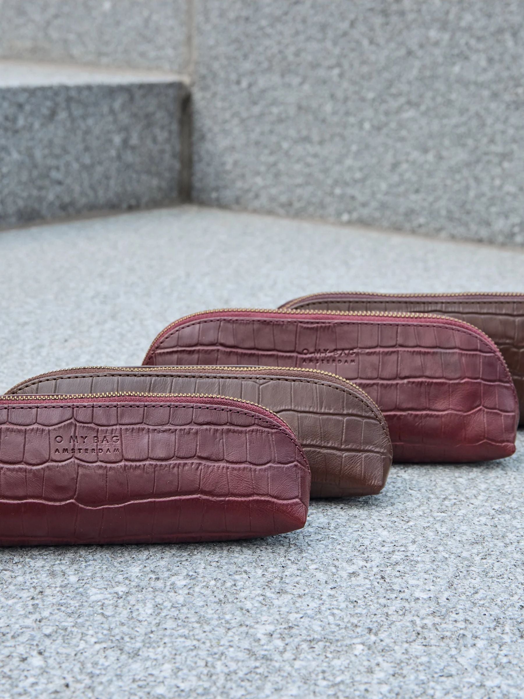 Pencil Case Large - Dark Cherry Croco Print Leather | O my Bag