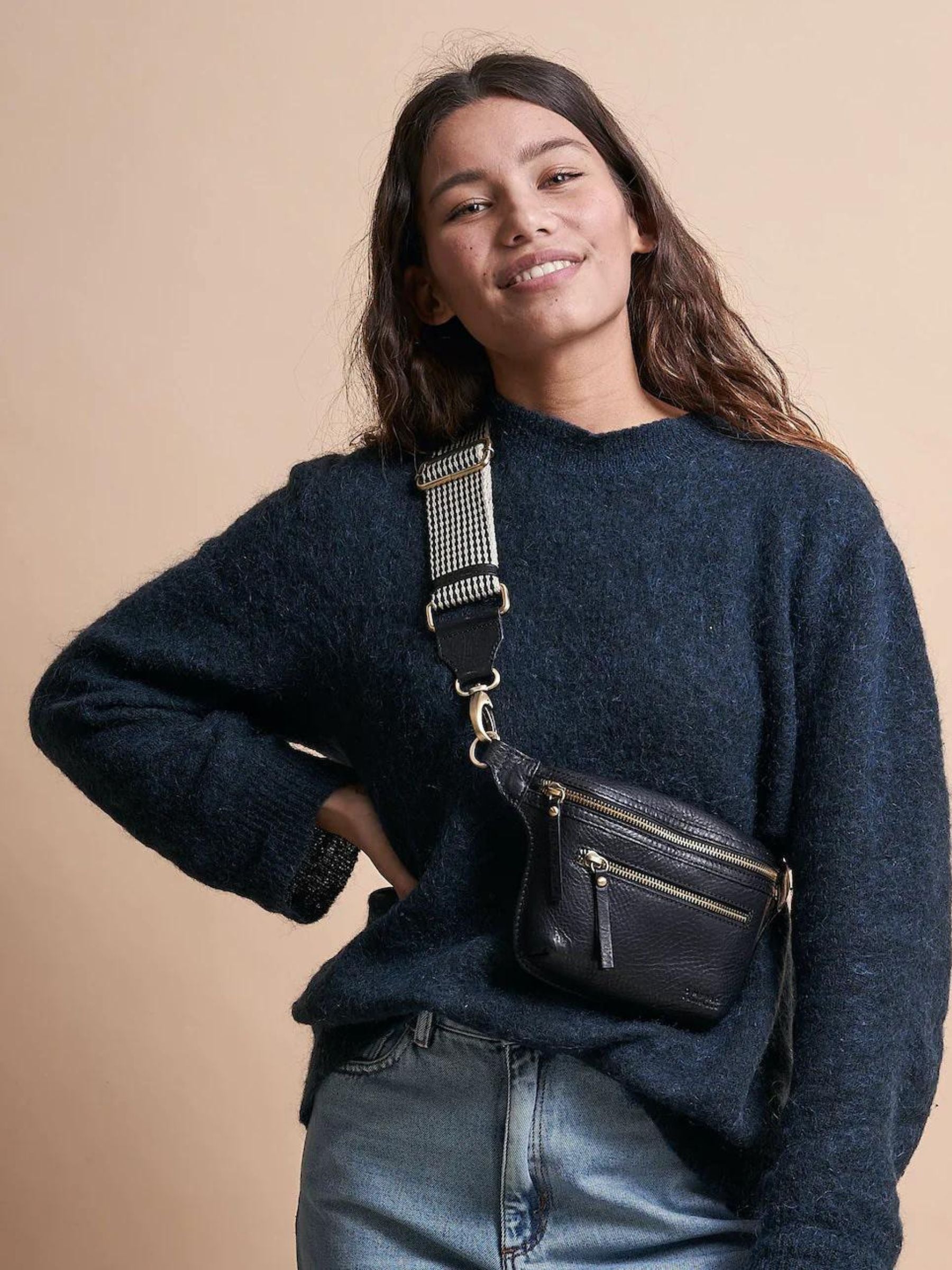 Bum Bag Checkered Webbing Strap Black Stromboli Leather