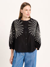 Camicia da donna ricamata nera in cotone GOTS | Lanius